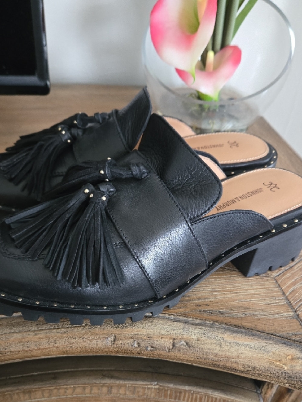 Johnston & Murphy Black Leather Tassel Mules For Women..comfort Quality New - Picture 2 of 7
